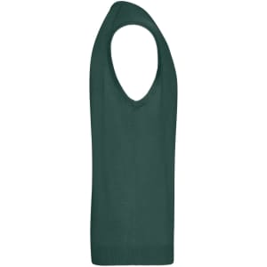 A knitted men's v-neck vest in a deep green colour, featuring a sleeveless design. There is a logo visible.