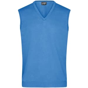 A blue knitted V-neck vest with a sleeveless design, featuring a label at the neckline.
