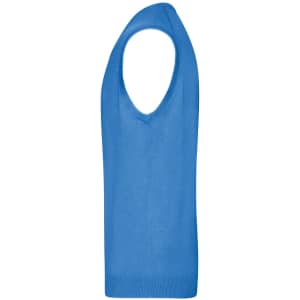 A blue men's V-neck vest made from knitted fabric, featuring a sleeveless design.