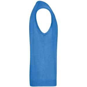 A blue men's knitted v-neck vest with a sleeveless design and a simple ribbed hem.