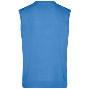 A blue men's V-neck vest with a sleeveless design, featuring ribbed detailing at the hem.