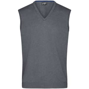 A grey men's v-neck vest made from knitted material, featuring a solid colour and sleeveless design.