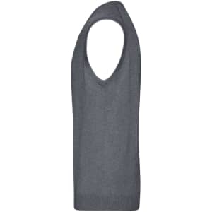 A grey men's V-neck vest made from knitted material, featuring a sleeveless design.