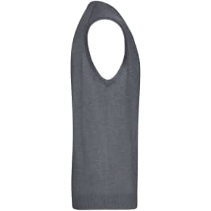A grey men's v-neck vest made from knitted material, featuring a sleeveless design. It has a logo.