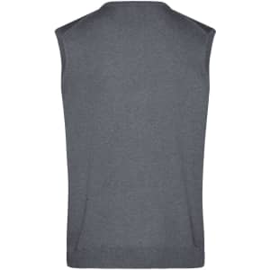 A grey men's v-neck vest, featuring a knitted design and no sleeves, with a logo on the back.