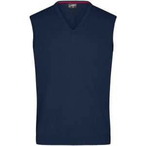 A navy blue men's V-neck vest with a sleeveless design and a branded label.