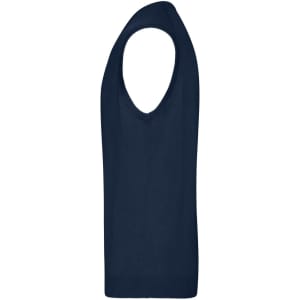 A navy blue men's V-neck vest, featuring a sleeveless design and a knitted texture. It has a logo.