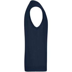 A navy men's v-neck vest with a sleeveless design. The vest features a ribbed hem and has a logo.