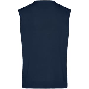 A navy men's V-neck vest featuring a sleeveless design and a textured knit finish.