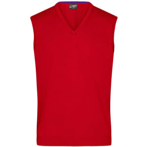 A red knitted men's V-neck vest with a sleeveless design and a blue interior neckline. It features a logo.