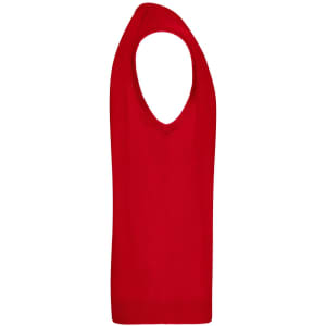 A red men's v-neck vest displayed from the side, featuring a sleeveless design and a smooth knit texture.