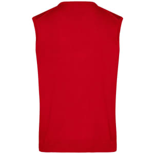 A red knitted men's V-neck vest, featuring a sleeveless design and a smooth fabric texture.
