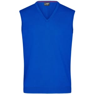 A blue men's v-neck vest with sleeveless design and a ribbed hem, featuring a logo.