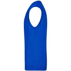A blue men's v-neck vest with a sleeveless design, featuring a logo on the side.