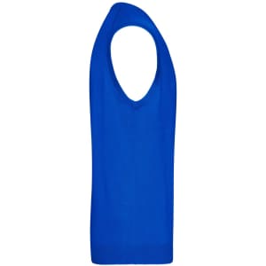 A bright blue knitted men's V-neck vest with a sleeveless design and ribbed hem.