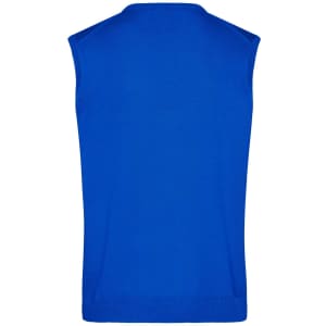 A sleeveless blue knitted vest with a V-neck design, featuring a branding logo on the back.