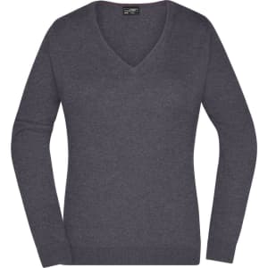 A ladies v-neck pullover in dark grey, featuring a simple design and a logo on the label.