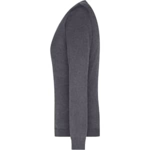 A grey ladies V-neck pullover, featuring long sleeves and a fitted silhouette. The garment has a simple design and includes a logo.
