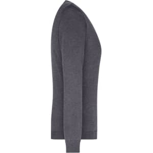 A grey ladies V-neck pullover, featuring a fitted design and long sleeves. It has a simple style and a logo.