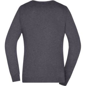 A grey ladies V-neck pullover jumper with long sleeves and a plain back view. It features a logo.