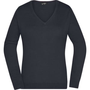A ladies’ knitted jumper in navy, featuring a V-neck and long sleeves. Includes a logo on the label.