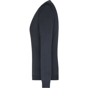 A navy ladies V-neck pullover with long sleeves, featuring a fitted style and a logo on the side.
