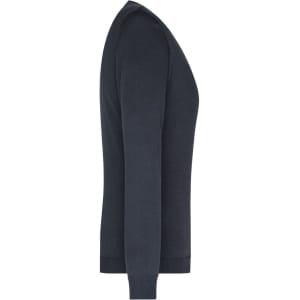 A navy ladies V-neck pullover in a fitted style, featuring long sleeves and a ribbed hem.