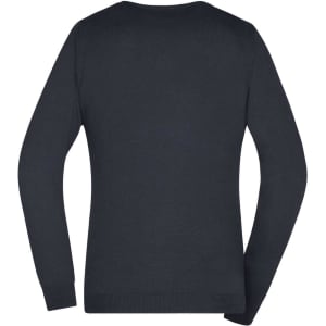 A dark navy ladies V-neck pullover jumper with long sleeves and a fitted design, featuring a logo.