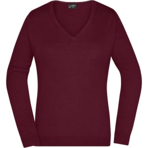 A maroon Ladies V-Neck Pullover jumper with long sleeves, featuring a branding label.