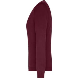 A maroon ladies V-neck pullover jumper with long sleeves, displaying a side view. Features branding on the design.