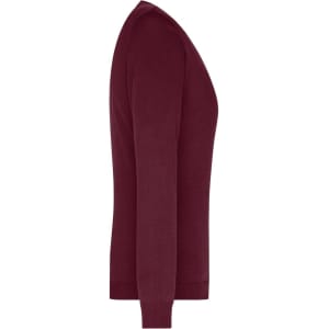 A maroon ladies V-neck pullover, featuring long sleeves and a fitted design. It has a logo on the side.