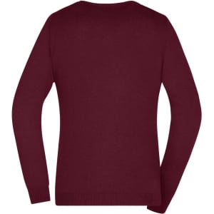 A burgundy ladies' V-neck pullover jumper with long sleeves and a simple design. Features a logo on the garment.