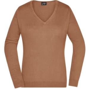 A ladies' v-neck pullover in a warm brown colour, featuring long sleeves and a fitted design. It includes a logo.