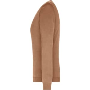 A ladies v-neck pullover in a rich tan colour, featuring long sleeves and a fitted silhouette.