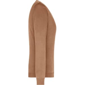 A side view of a ladies' v-neck pullover in a warm brown colour, featuring a knitted texture and fitted design.