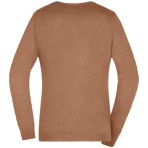 A brown knitted V-neck pullover with long sleeves and a back view. It features a logo on the hem.