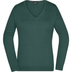A knitted jumper in dark green with a v-neck design and long sleeves. It features a logo on the tag.