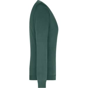 A green ladies V-neck pullover jumper with long sleeves, showing a side profile view. It features a simple design.