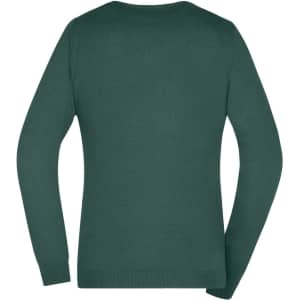 A green Ladies V-Neck Pullover is displayed, showing the back view with long sleeves and a fitted silhouette.