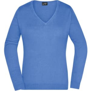 A blue ladies V-neck pullover knitted jumper with long sleeves and a fitted design. It has a brand logo on the label.
