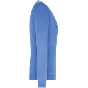 A blue ladies V-neck pullover jumper features a fitted silhouette and long sleeves, with a logo present.