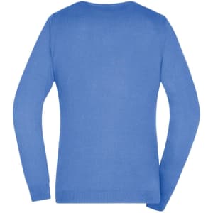 A blue ladies v-neck pullover jumper with long sleeves and a plain back design. It features a subtle logo detail.
