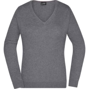 A grey ladies V-neck pullover jumper with long sleeves and a fitted design. It features a brand logo.