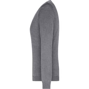 A grey ladies V-neck pullover jumper, knitted, displayed from the side view, featuring long sleeves.