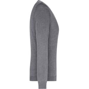 A grey ladies V-neck pullover jumper with long sleeves, featuring a fitted style and ribbed cuffs.
