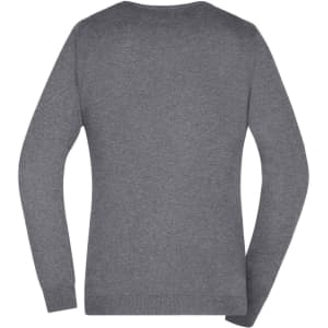 A grey ladies v-neck pullover jumper with long sleeves and a fitted design. Features a logo on the back.