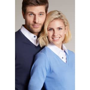 Blue V-neck pullover featuring a knitted texture, worn by a man in navy and a woman in blue, both with white collars.