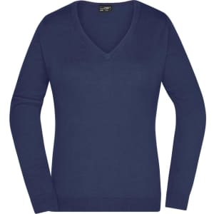A navy blue ladies V-neck pullover jumper with long sleeves and a fitted design. Includes a logo on the label.