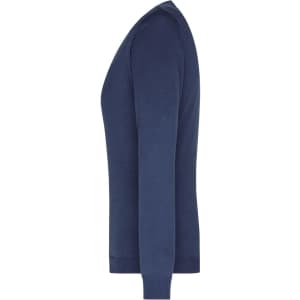 A navy blue ladies V-neck pullover, featuring long sleeves and a fitted design. Includes a logo on the garment.