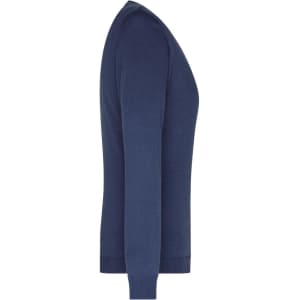 A ladies' navy V-neck pullover jumper featuring long sleeves and a fitted design. It includes a logo.
